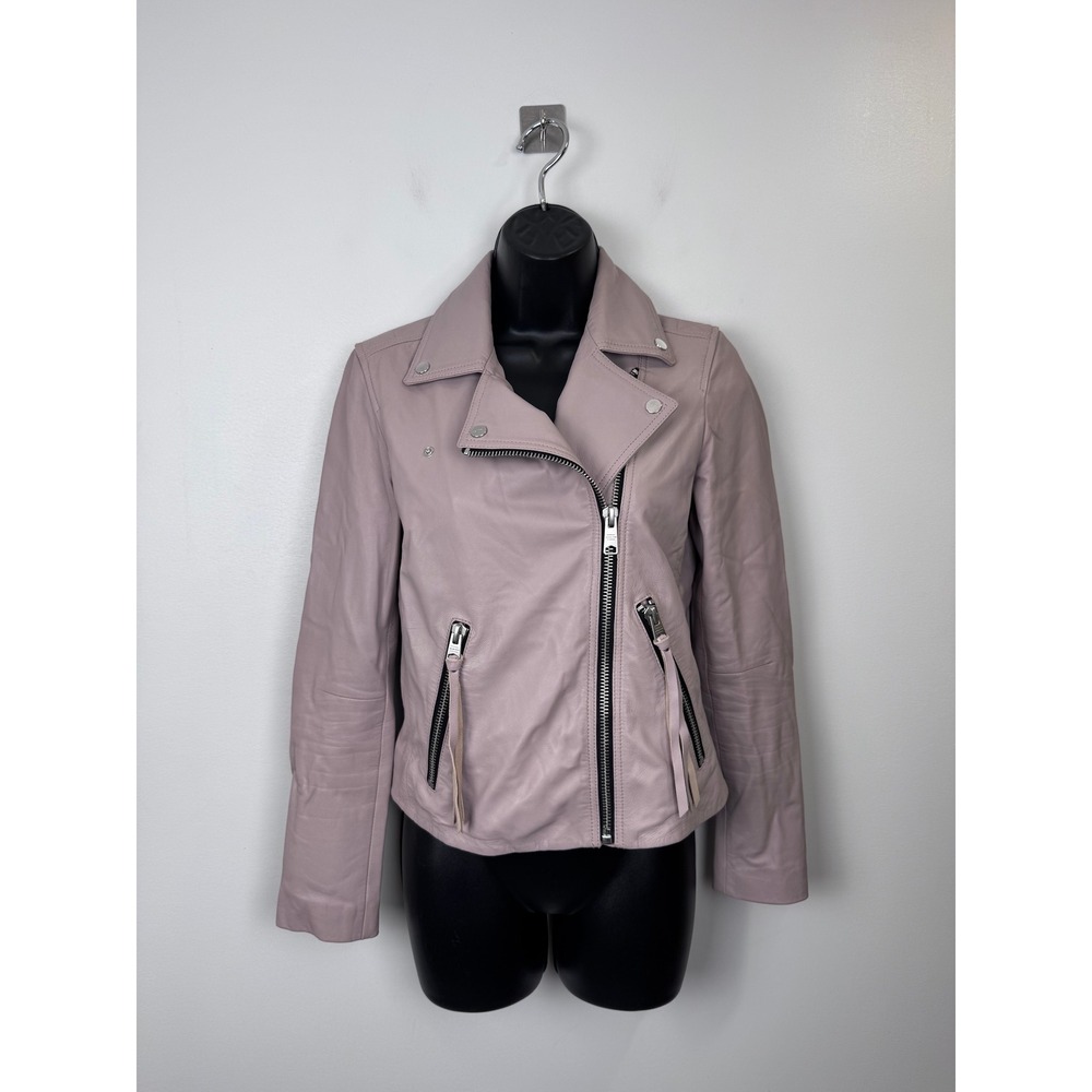 AllSaints Dalby Biker Women Leather Jacket Dusty Rose Pink US 2 UK 6‎